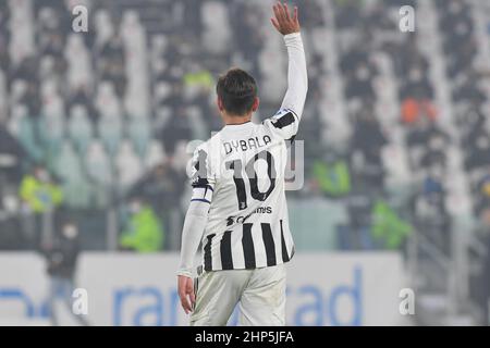 Turin, Italien. 18th. Februar 2022. Paulo Dybala von Juventus FC Gesten während des Spiels der Serie A 2021/22 zwischen Juventus FC und Turin FC im Allianz Stadium am 18. Februar 2022 in Turin, Italien Quelle: Independent Photo Agency/Alamy Live News Stockfoto