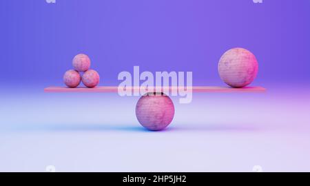 Harmony and Balance Konzept. Balancieren Mehrerer Kleiner Holzbälle Gegen Einen Großen Ball. 3D Rendern. Stockfoto