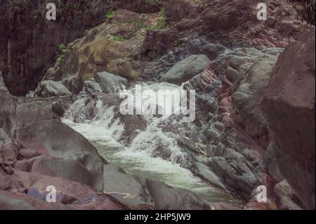 Foto zeigt eine felsige Schlucht, in der ein Gebirgsfluss fließt. Der Fluss fließt durch riesige Steinblöcke. Die bezaubernde Tierwelt der karibischen Insel begeistert Stockfoto