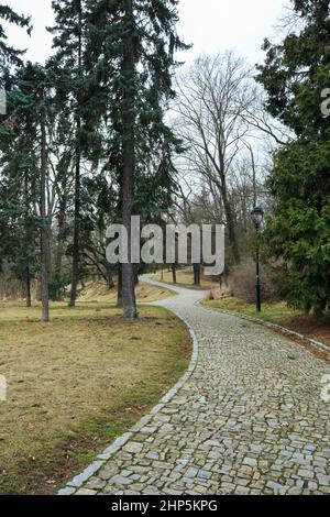 Verlassene gewundene gepflasterte Wege durch den Wald auf Petrin Hill, ohne Menschen, Winter, Prag, Tschechische Republik Stockfoto