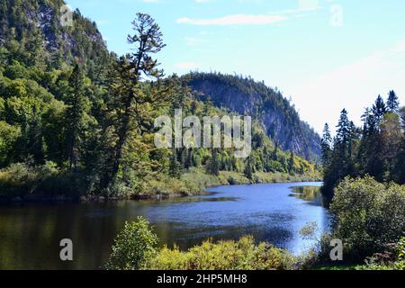 Steile bewaldete Klippen entlang des Agawa River im Sommer Stockfoto