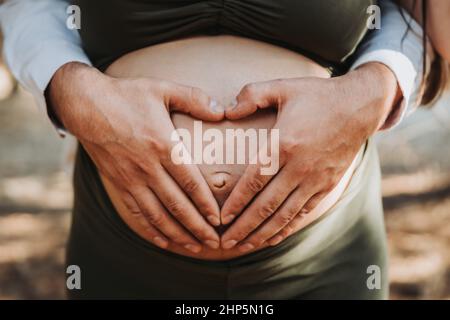Das Herz des Vaters formt die Hände, die den Schwangerschaftsbauch der Mutter berühren. Schwangerschaftskonzept. Elternschaft Stockfoto