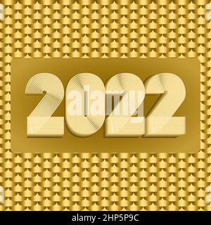 2022 Frohes neues Jahr. Abstrakte geometrische Cover Design Hintergrund. 3D dimensionale 2022 Zahlen in dünnen Linien gestreift Stil Vektor-Illustration. Jahresbericht, Banner, Broschüre, Etikett. Goldgelb Stock Vektor