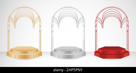 3D Modell Podium Display Bühne gerundeter Bogen. Abbildung 3 Bühnenbild. Anwendbar für Web-Banner, Poster, Flyer. Stock Vektor