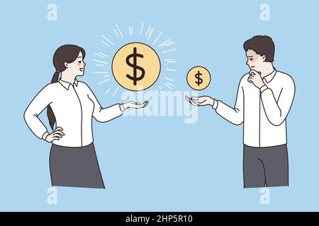 Mitarbeiter mit Münzen zeigen Gehaltsunterschiede Stock Vektor