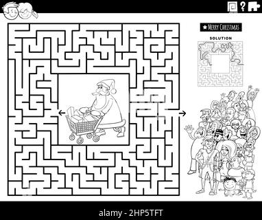 Maze mit Santa Claus und Menschen Malbuch Seite Stock Vektor