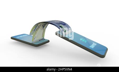 3D Wiedergabe südafrikanischer Rand-Notizen, die von einem Telefon zum anderen übertragen werden. Mobile Money Transaction Concept Stockfoto