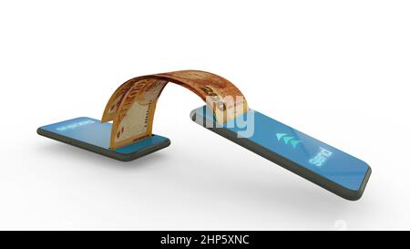 3D Wiedergabe südafrikanischer Rand-Notizen, die von einem Telefon zum anderen übertragen werden. Mobile Money Transaction Concept Stockfoto