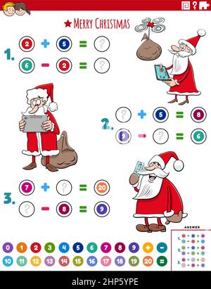 Mathe Addition und Subtraktion Aufgabe mit Santa Claus Zeichen Stock Vektor