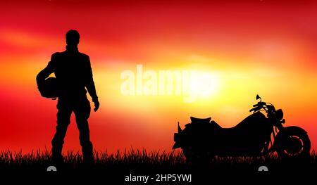 Biker auf dem Hintergrund des Sonnenuntergangs Stock Vektor