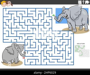 Labyrinth-Spiel mit Cartoon Baby Elefant mit Mama Stock Vektor