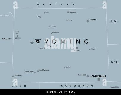 Wyoming, WY, graue politische Landkarte, US-Bundesstaat, Equality State Stock Vektor