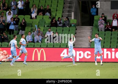 Melbourne, Australien, 18. Februar 2022. Melbourne City feiert am 18. Februar 2022 im AAMI Park in Melbourne, Australien, ein Tor beim A-League-Fußballspiel zwischen dem Melbourne City FC und den Newcastle Jets. Kredit: Dave Hewison/Speed Media/Alamy Live Nachrichten Stockfoto