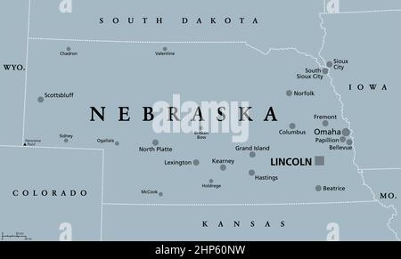 Nebraska, NE, graue politische Landkarte, US-Bundesstaat, Cornhusker State Stock Vektor