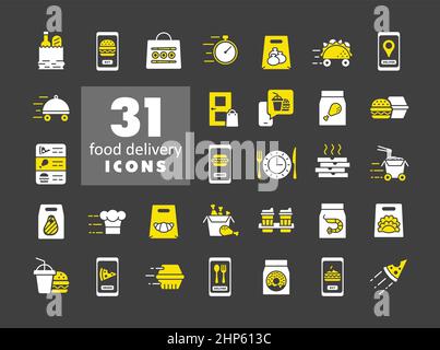Vektor-Flat-Symbole für die schnelle Lieferung von Lebensmitteln gesetzt Stock Vektor