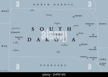 South Dakota, SD, graue politische Karte, US-Bundesstaat, Mount Rushmore State Stock Vektor