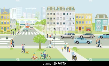 Silhouette der Stadt mit Fußgängern auf dem Fußgängerweg und öffentlichen Verkehrsmitteln und Menschen auf dem Bürgersteig, Illustration Stock Vektor