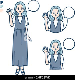 Eine junge Frau in einem ärmellosen Kleid mit Grußbildern.Es ist Vektorgrafik, so dass es einfach zu bearbeiten ist. Stock Vektor