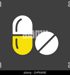 Tabletts und Pille Vektor-Symbol auf dunklem Hintergrund. Medizinisches Schild Stock Vektor