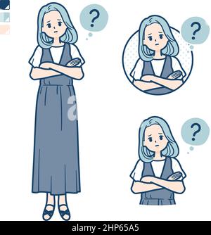 Eine junge Frau in einem ärmellosen Kleid mit Frage images.IT ist Vektorgrafik, so ist es einfach zu bearbeiten. Stock Vektor