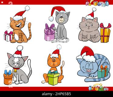 Cartoon-Katzen mit Geschenken auf Weihnachtszeit eingestellt Stock Vektor