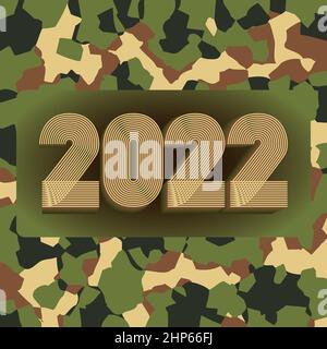 2022 Frohes neues Jahr. Nahtloses Muster aus Camouflage-Hintergrund. 3D dimensionale 2022 Zahlen, dünne Linien gestreiften Stil. Abstraktes Cover Design Vektor Illustration. Karte, Banner. Grün braun beige Farben Stock Vektor