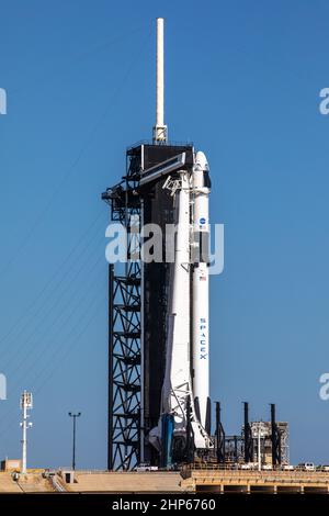 Eine SpaceX Falcon 9-Rakete mit dem Crew Dragon steht vor der NASA-Mission SpaceX Demo-2 am 21. Mai 2020 auf dem historischen Launch Complex 39A im Kennedy Space Center der NASA in Florida zum Start bereit. Die Rakete und das Raumschiff werden die NASA-Astronauten Robert Behnken und Douglas Hurley im Rahmen des Commercial Crew-Programms der Agentur zur Internationalen Raumstation bringen und die Fähigkeit zur menschlichen Raumfahrt nach fast einem Jahrzehnt in die USA zurückbringen. Dies wird der letzte Flugtest von SpaceX sein, der der NASA den Weg ebnet, das Transportsystem der Besatzung für reguläre, mit Besatzung bemannte Flüge zu den Orbiti zu zertifizieren Stockfoto