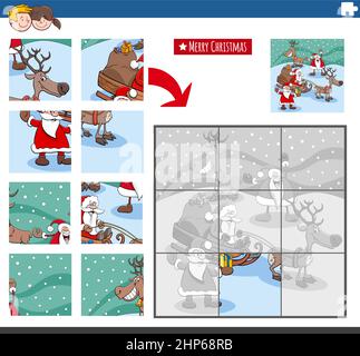 Puzzlespiel für kinder puzzleteile farbarbeitsblatt weihnachtsthema  aktivitätsseite isolierte vektorgrafik im cartoon-stil