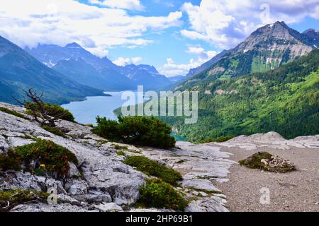 Blick auf den Bertha Peak und den Upper Waterton Lake entlang des Wanderweges am Waterton Lakes National Park im Sommer Stockfoto