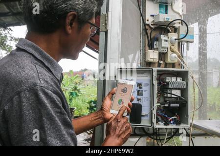 BOGOR, INDONESIEN - 18. Februar 2022: Farm verwendet Internet-Netzwerk als Fernsteuerung für Bewässerungsanlagen in Bogor, Indonesien, 18. Februar 2022 Stockfoto