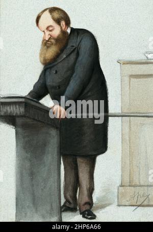 Dwight Lyman Moody (1837-1899), amerikanischer Evangelist und Gründer des Moody Bible Institute, in einer Aquarell- und Bleistiftzeichnung des Karikaturisten Carlo Pellegrini (Ape) vom 3. April 1875. Stockfoto