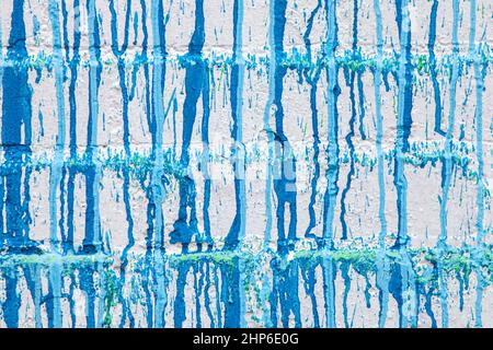 Blaue Farbe tropft auf einem weißen Ziegelwand abstrakten Grunge Farbe Textur Muster Hintergrund Stockfoto