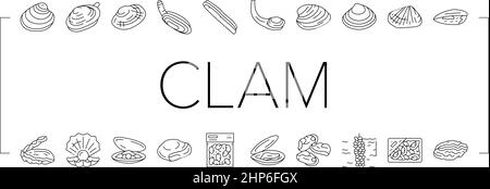 Clam Marine Sea Farm Ernährung Symbole Set Vektor. Stock Vektor