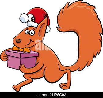 Cartoon Eichhörnchen Tier Charakter mit Geschenk auf Weihnachtszeit Stock Vektor