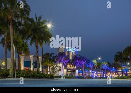 Kissimmee, Florida - 6. Februar 2022: Nacht Weitblick auf Estefan Küche Restaurant Gebäude Außenansicht mit beleuchteten Palmen rundum. Stockfoto