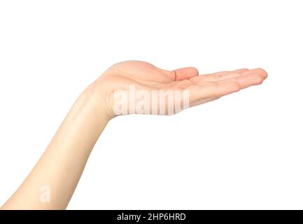 Offene Handfläche isoliert auf weißem Hintergrund. Stockfoto