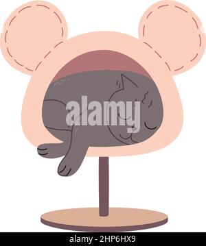 Ein graues, verschläftes Kätzchen schläft in einem lustigen Tierhaus. Eine müde charmante Katze liegt in einem rosa Haus mit Ohren wie eine Maus. Niedliche lustige Tier in flachem Stil gezeichnet. Auf weißem Hintergrund isolierte Darstellung von Farbvektoren Stock Vektor
