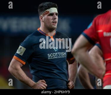 Limerick, Irland. 18th. Februar 2022. Marshall Sykes von Edinburgh während der United Rugby Championship Runde 12 Spiel zwischen Munster Rugby und Edinburgh Rugby im Thomond Park in Limerick, Irland am 18. Februar 2022 (Foto von Andrew Surma/ Quelle: SIPA USA/Alamy Live News Stockfoto