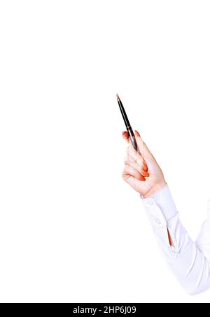 Hand mit Stift auf weißem Hintergrund Stockfoto