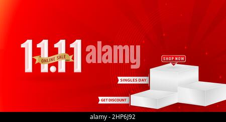 Illustration Webbanner Design von 11,11 Verkauf oder 11,11 Online-Verkauf mit Cube-Modell Display-Produkt, anwendbar für Online-Shop-Schild, Poster, Flyer, Social-Media-Banner, Label-Promotion im Geschäft Stock Vektor