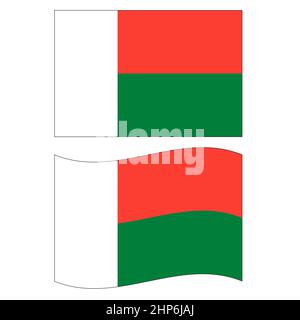 Madagaskar winkende Flagge auf weißem Hintergrund. Flagge Madagaskars. Flacher Stil. Stockfoto