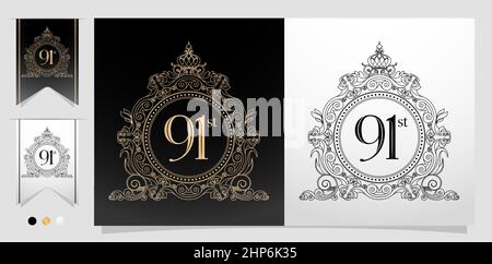 91st mit antikem Goldrahmen mit Kronenlinien-Modell, Ellipse Rahmenelement mit farblich isoliertem Gold-Hintergrund, geeignet für Buchdruck, Stickerei, Einladung zum Hochzeitstag, Grußkarte Stock Vektor