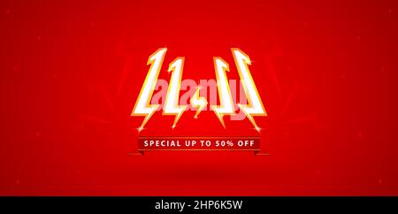 11,11 Verkauf, Einzeltag Online-Verkauf, Flash Model Einkaufstag Festival Kalendernummer Datum Gold mit rotem Hintergrund und Glanz, Online-Shop-Schild, für Poster, Flyer, Social-Media-Banner. Stock Vektor