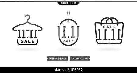 Illustration von Hanger, Tag und Handtasche 11,11 Verkauf, 11,11 Einzel-Tag-Modell mit isolierten weißen Hintergründen für Poster oder Flyer-Design, Social-Media-Banner, Web-Banner Online-Shop, Label of Sale Stock Vektor