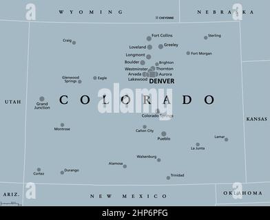 Colorado, CO, graue politische Landkarte, US-Bundesstaat, der Centennial State Stock Vektor