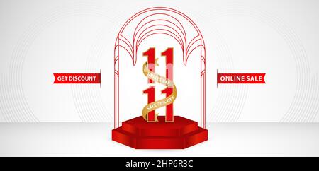 Illustration von Podium Hintergrund mit Licht 11,11 Online-Verkauf, mit Polygonen Display-Produkt. Anwendbar für Online-Shop-Schild, Poster, Flyer, Social-Media-Banner, Label-Promotion im Geschäft Stock Vektor