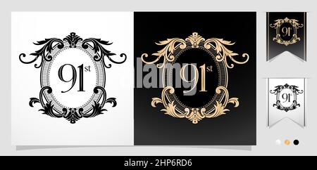 Wappentier Illustration von 91st mit floralem Rahmen Ellipse-Element mit isoliertem Hintergrund, anwendbar für Buchdruck, Stickerei, Einladung zum Hochzeitstag, Grußkarte, Und Emblem Stock Vektor
