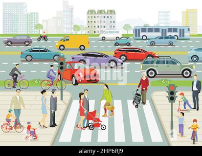 Stadt mit Fußgängern und Straßenverkehr, Illustration Stock Vektor
