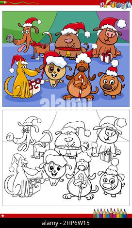 Cartoon Hund Figuren mit Weihnachten Geschenke Malbuch Seite Stock Vektor