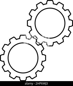 Zahnräder mit zwei Zahnrädern Zahnradsatz Zahnräder verbunden in Arbeitsmechanismus Konturumriss Symbol schwarze Farbe Vektor Illustration flache Stil Bild Stock Vektor